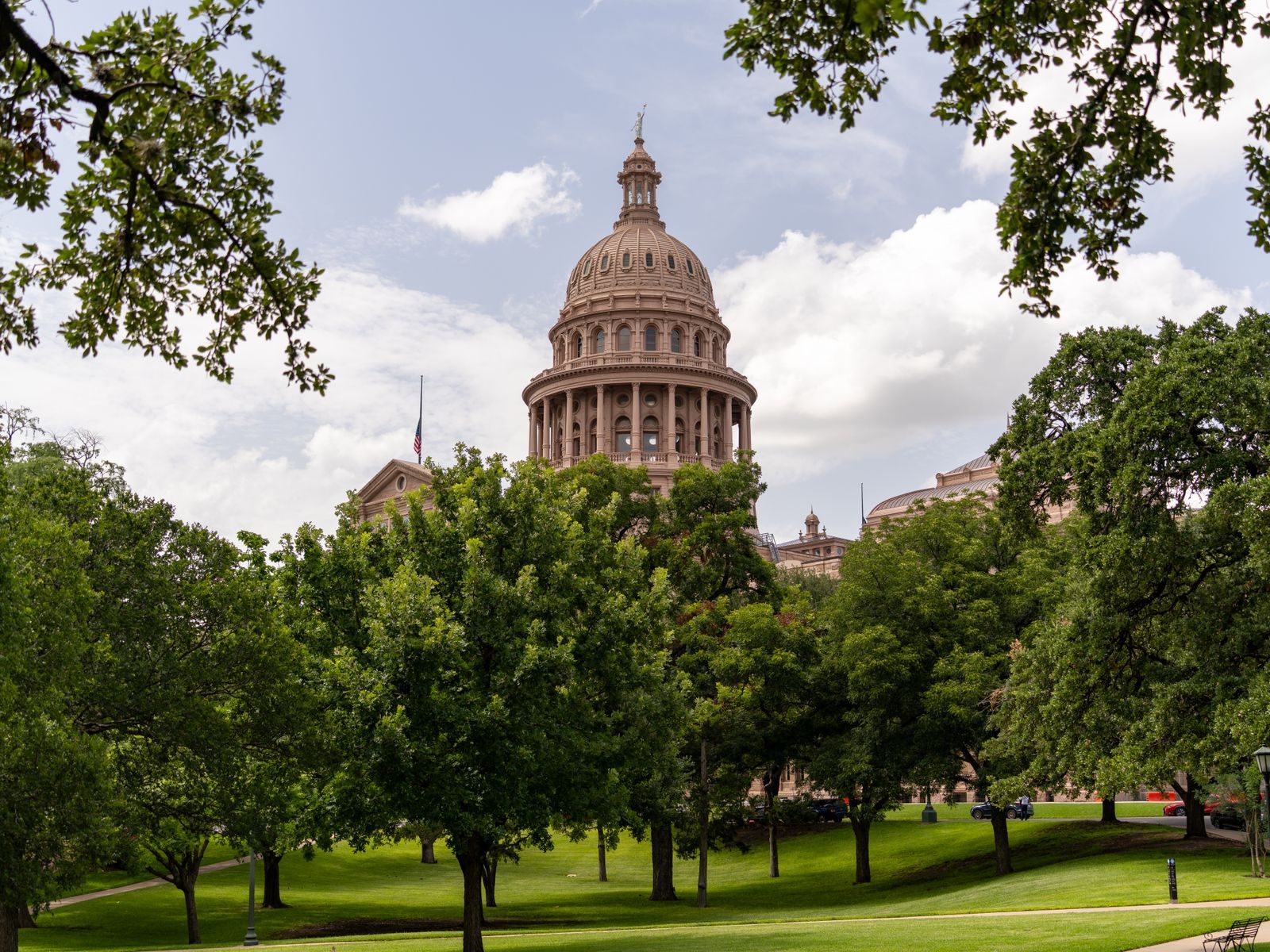 The dome of the Texas State Capitol in Austin rising above green trees and a lawn